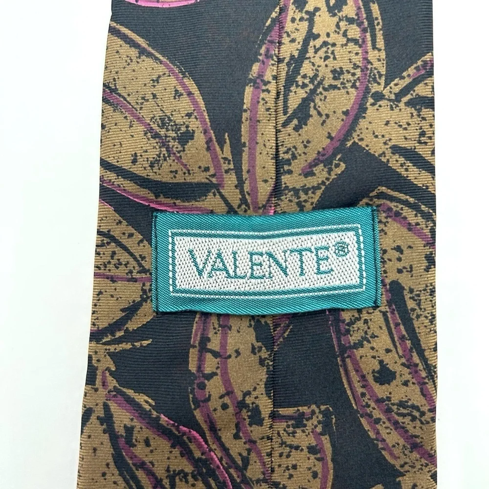Valente 100% Silk Floral Botanical Men's Tie Black Brown Tan Pink One Size